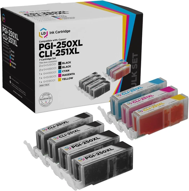 Main image of LD Products Compatible Ink Cartridge Replacement for Canon PGI-250XL & CLI-251XL High Yield (2 Pigment Black, 2 Black, 1 Cyan, 1 Magenta, 1 Yellow, 7-Pack)