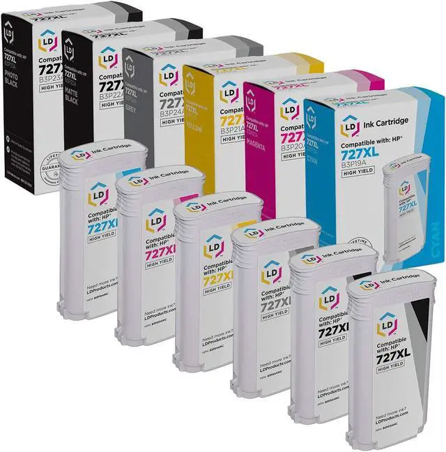 Alt view image 2 of 14 - LD Products Remanufactured Ink Cartridge Replacement for HP 727XL High Yield (Matte Black, Photo Black, Cyan, Magenta, Yellow, Gray, 6-Pack) Compatible w T1500 T2500 T2530ps T920 T930 T930 T1530