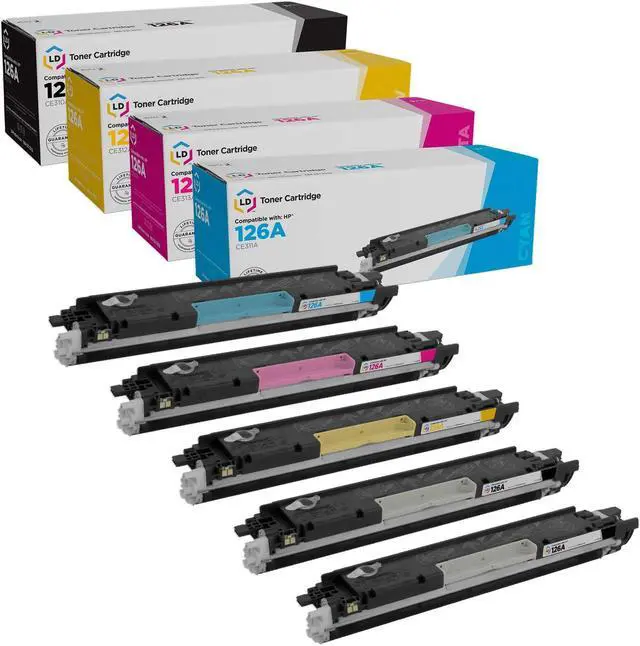 Main image of LD compatible Replacements for HP 126A Set of 5 Laser Toner Cartridges: 2 CE310A Black, 1 CE311A Cyan, 1 CE312A Yellow, & CE313A Magenta