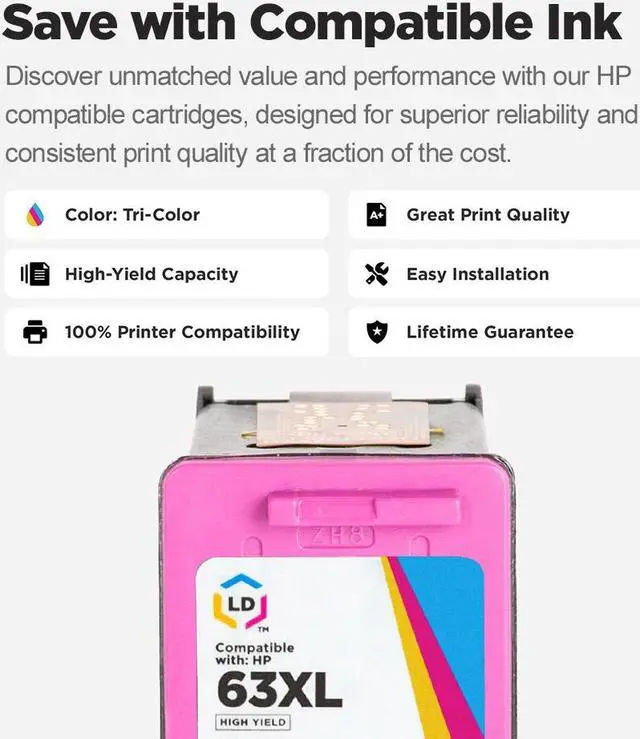 Alt view image 6 of 7 - LD Products Remanufactured Ink Cartridge Replacement for HP 63XL High Yield (1 Black, 1 Color, 2-Pack)