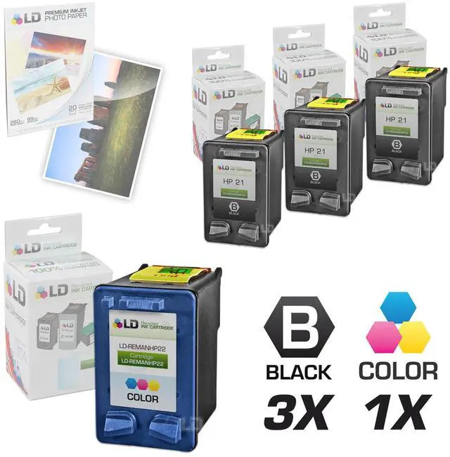 Main image of LD © Remanufactured Ink Cartridge Replacements for HP C9351AN (HP 21) Black and HP C9352AN (HP 22) Color (3 Black and 1 Color) + Free 20 Pack of Brand 4x6 Photo Paper