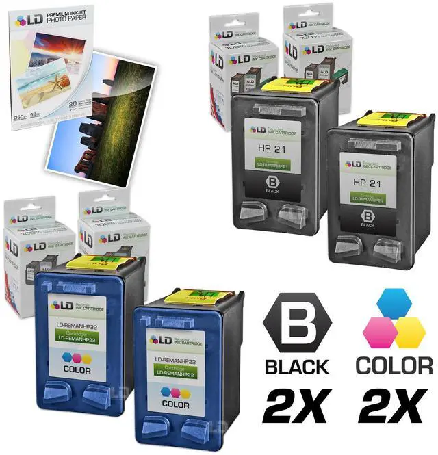 Main image of LD © Remanufactured Ink Cartridge Replacements for HP C9351AN (HP 21) Black and HP C9352AN (HP 22) Color (2 Black and 2 Color) + Free 20 Pack of Brand 4x6 Photo Paper