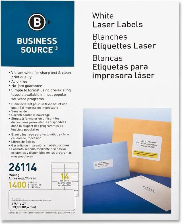 Alt view image 3 of 8 - Business Source Mailing Labels Laser 1-1/3"x4" 1400/PK White 26114
