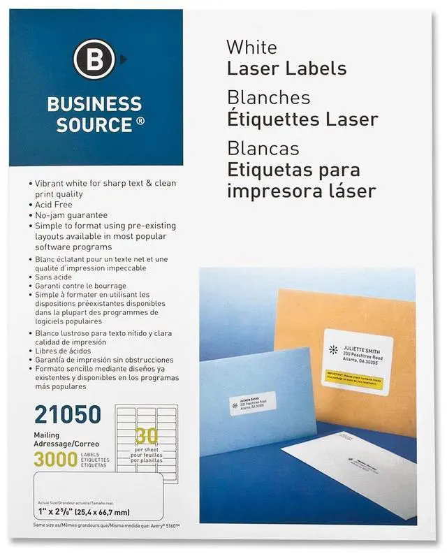 Alt view image 2 of 11 - Business Source Mailing Label Laser 1"x2-5/8" 3000/PK White 21050