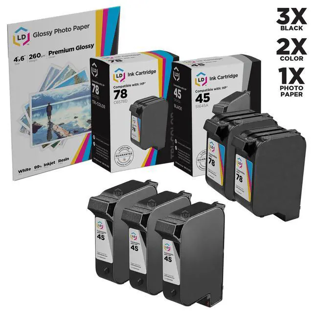 Main image of LD © Compatible Ink Cartridge Replacements for HP 51645A (HP 45) Black and HP C6578DN (HP 78) Color (3 Black and 2 Color) + Free 20 Pack of Brand 4x6 Photo Paper