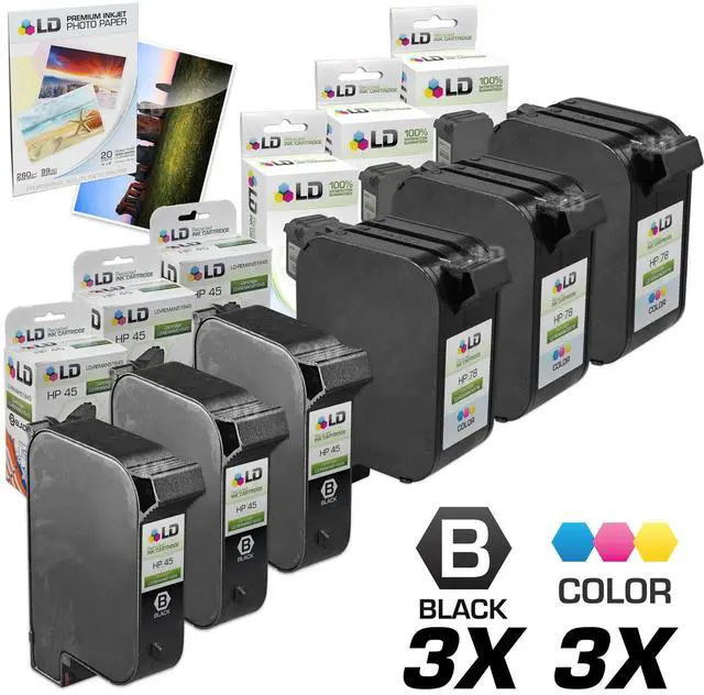 Main image of LD © Remanufactured Replacement Ink Cartridges for HP 45/78 Combo Set - 3 Remanufactured HP 45/51645A and 3 Reman HP 78/ C6578DN + Free 20 Pack of LD Brand 4x6 Photo Paper