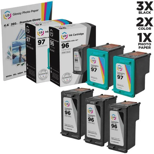 Main image of LD © Compatible Ink Cartridge Replacements for HP C8767WN (HP 96) Black and HP C9363WN (HP 97) Color (3 Black and 2 Color) + Free 20 Pack of Brand 4x6 Photo Paper