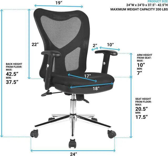Alt view image 10 of 16 - Techni Mobili Back Mesh Office Chair with Non Marking Caster Wheels, Executive Task Chair with Adjustable Hight, Black