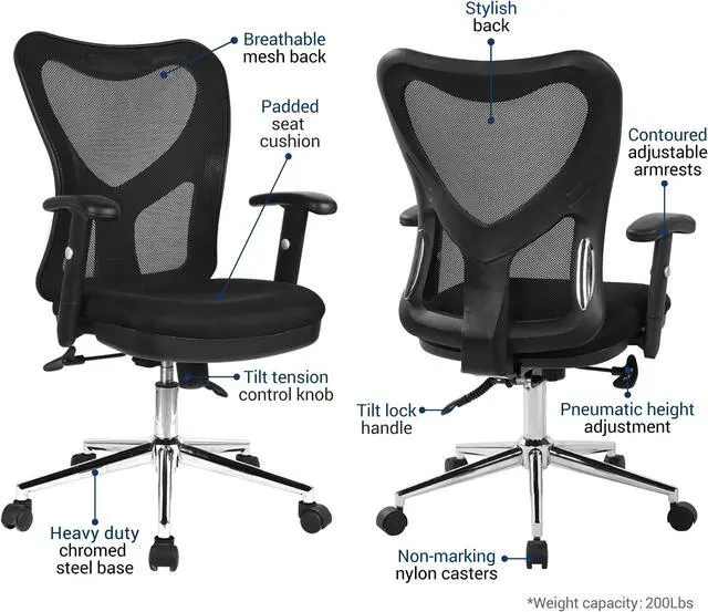 Alt view image 9 of 16 - Techni Mobili Back Mesh Office Chair with Non Marking Caster Wheels, Executive Task Chair with Adjustable Hight, Black