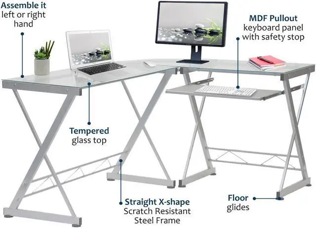 Alt view image 17 of 18 - Deluxe Ergonomic L-Shaped Computer Desk Workstation - Clear Tempered Glass