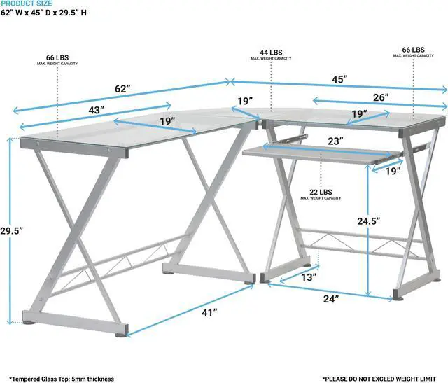 Alt view image 18 of 18 - Deluxe Ergonomic L-Shaped Computer Desk Workstation - Clear Tempered Glass
