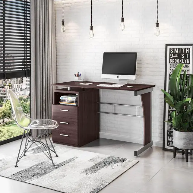 Alt view image 2 of 5 - Deluxe Ergonomic Side Cabinet Compact Multifunction Computer Desk - Chocolate