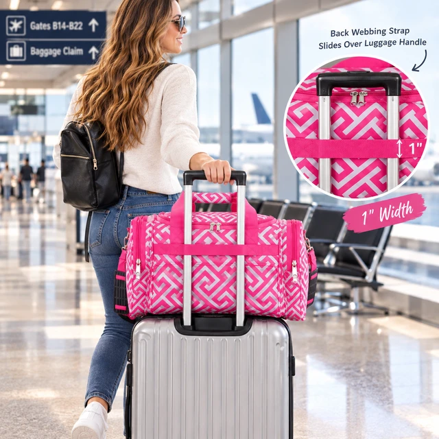 Alt view image 4 of 4 - World Traveler 19-inch Carry-On Shoulder Duffel Bag - Fuchsia White Greek Key