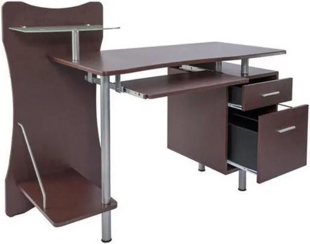 Alt view image 9 of 16 - Deluxe Stylish Ergonomic Computer Desk with Two Drawer - Chocolate