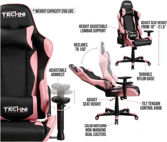 Alt view image 2 of 6 - Urban Designs Ergonomic High Back Racer Style PC Gaming Chair - Pink