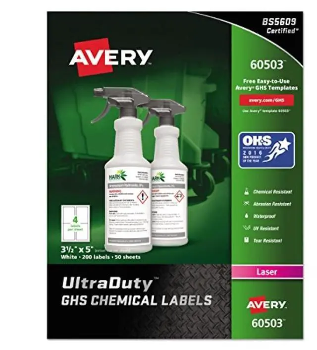 Alt view image 17 of 17 - Avery Chem Label, 3-1/2"W x 5"H, 200 Lbls,  PK200  Synthetic Film  60503
