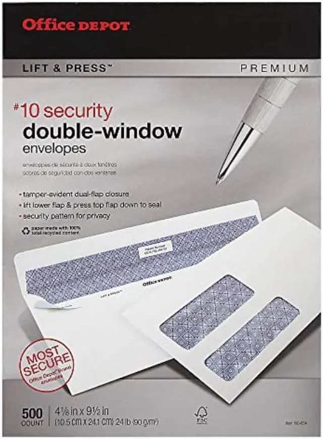 Alt view image 4 of 11 - Office Depot 100% Recycled Lift  Press(TM) Double-Window Envelopes, #10 (4 1/8in. x 9 1/2in.), White, Box Of 500, 76133