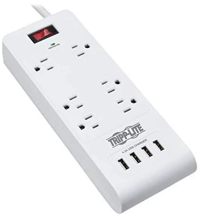 Alt view image 8 of 15 - Tripp Lite 15ft 6-Outlet 4 USB Surge Protector Power Strip White TLP64USBRA15