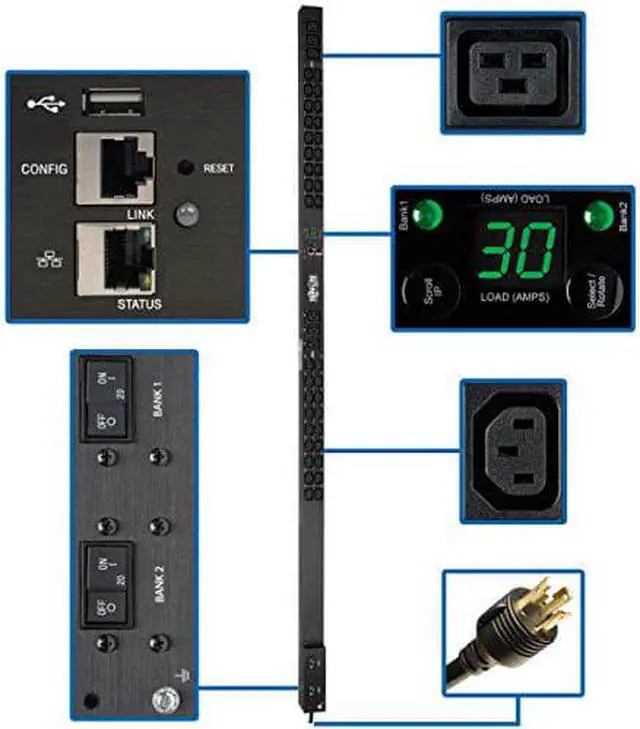 Alt view image 8 of 12 - Tripp Lite 5 / 5.8 kW Single-Phase Monitored PDU, LX Interface, 208 / 240V Outlets (36 x C13 / 6 x C19), L6-30P, 10.0 Feet Cord, 0U Height, TAA (PDUMNV30HV2LX)