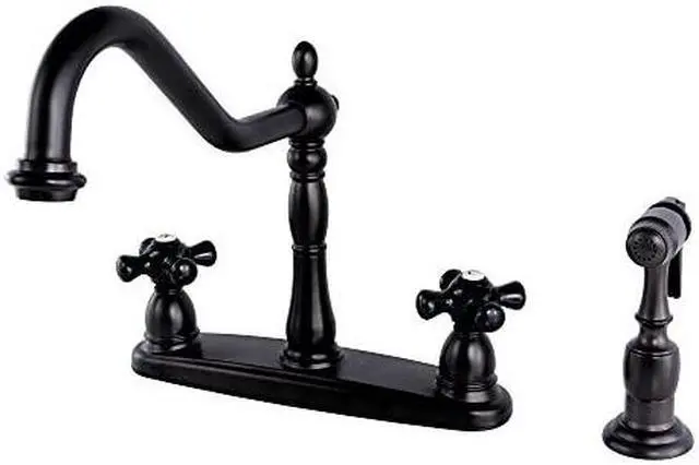 Alt view image 3 of 8 - Kingston Brass KB1755PKXBS 8 in. Victorian Centerset Kitchen Faucet & Brass Sprayer with Classic Cross Handle, Oil Rubbed Bronze