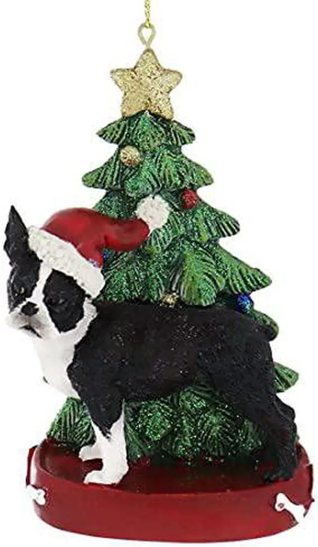 Main image of Kurt Adler Boston Terrier Wearing Santa Hat With Christmas Tree Ornament C7615Bt New