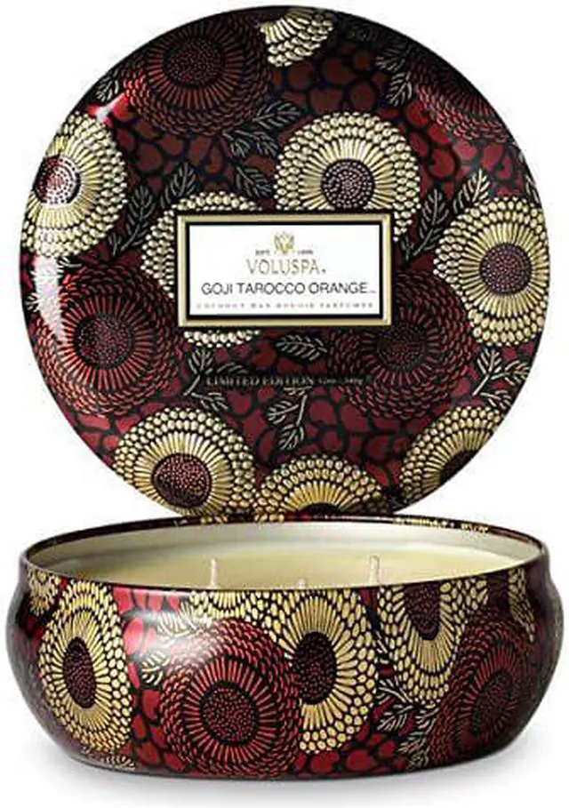 Main image of Voluspa Goji Tarocco Orange Candle | 3 Wick Tin | 12 Oz. | All Natural Wicks And Coconut Wax For Clean Burning