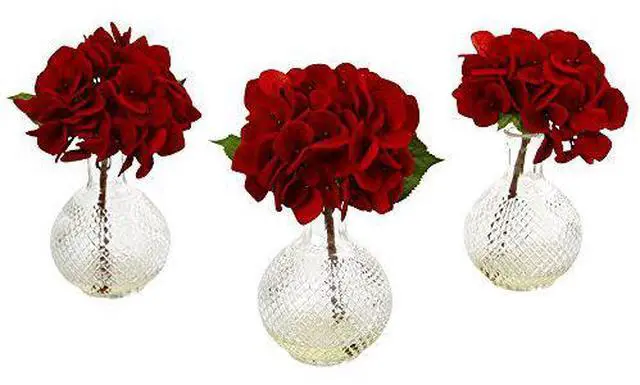 Alt view image 2 of 2 - Nearly Natural 4895-S3 Red Hydrangea With Glass Vase - Set of 3
