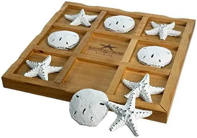 Alt view image 4 of 4 - Tic Tac Toe Game - 9" X 9" Tic Tac Toe Decor Home W/ White Resin Starfish & Sand Dollars - Real Wooden Tic Tac Toe Game - Tic Tac Toe Coffee Table Game - Nautical Board Game