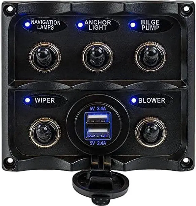 Alt view image 4 of 4 - Sea-Dog Water Resistant Toggle Switch Panel w/USB Power Socket - 5 Toggle