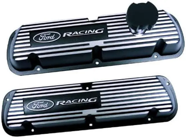 Main image of Valve Cover, Short, Baffled, Oil Fill Cap, Ford Racing Logo, Aluminum, Black Wrinkle Paint, Small Block Ford, Pair