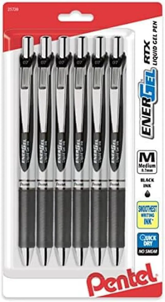 Main image of Pentel EnerGel RTX Retractable Liquid Gel Pen, Medium Line, Metal Tip, Black Ink, 6 Pack (BL77BP6A)