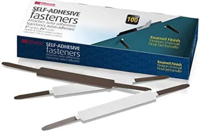 Main image of Officemate Self-Adhesive Prong Fasteners, Enamel Finish, 1 inch Capacity, 2.75 Inch Base, Box of 100 (99875), Matte Brown