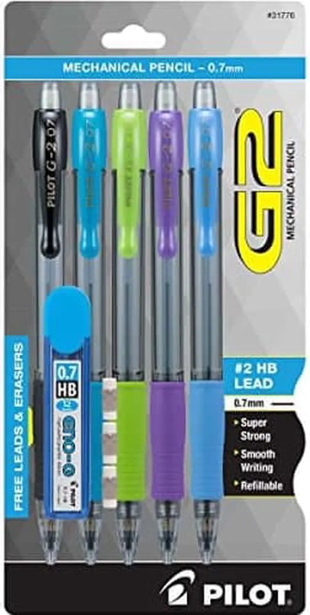 Alt view image 4 of 7 - Pilot Pen 31776 0.7 mm Mechanical Pencil with Lead & Erasers - Black, Lime, Purple, Turquoise & Periwinkle, Pack of 5