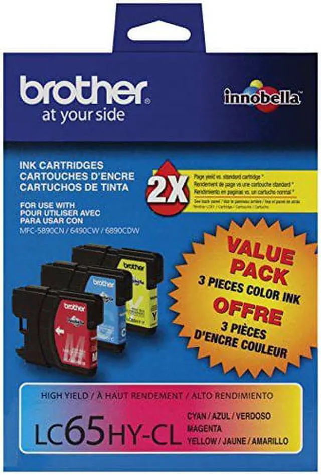 Main image of Brother LC65HYCL High-Yield 3-Pack -Ink Cartridge, 900 Page-Yield, Cyan Magenta Yellow