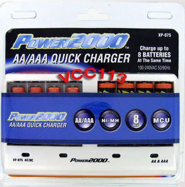 Main image of Power2000 XP875 Kit with 4-AA 2900mAh & 4-AAA 1000mAh NiMH Rechargable Batteries & Universal 110/220V AC/DC 3-6 Hour Charger
