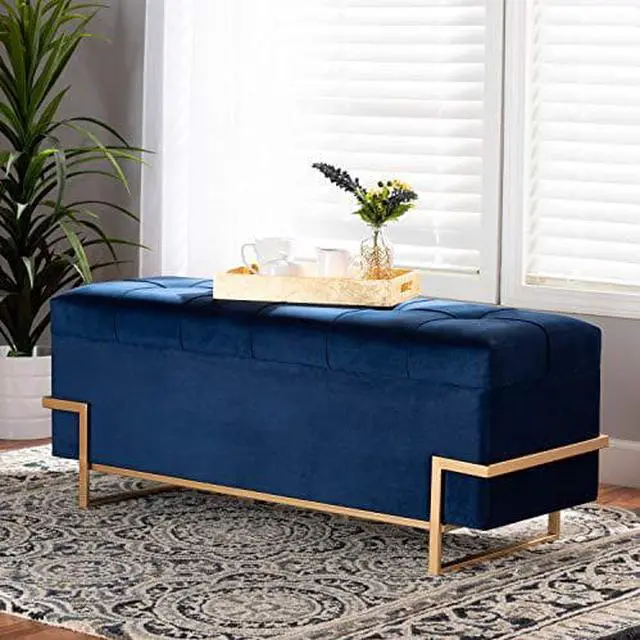 Alt view image 8 of 20 - Baxton Studio Parker Glam and Luxe Navy Blue Velvet Upholstered and Gold Metal Finished Storage Ottoman