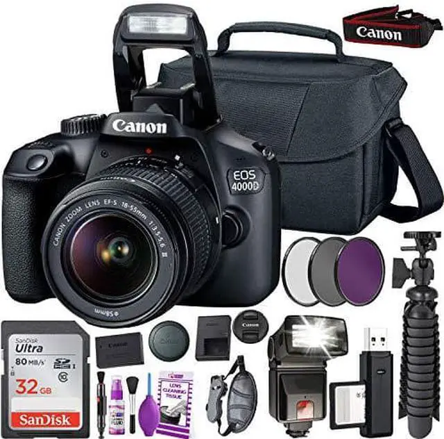 Alt view image 13 of 13 - Canon EOS 4000D DSLR Camera and EF-S 18-55 mm f/3.5-5.6 III Lens + 64GB Memory Card + Camera Bag + Cleaning Kit + Table Tripod + Flash + Filters + Battery + Camera Strap