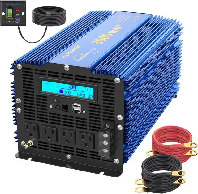 Alt view image 8 of 8 - 3000 Watt Pure Sine Wave Power Inverter 3000w 12V DC to 110V 120V AC with Remote Controller & LCD Display 4 AC Outlets Dual 2.4A USB Ports and 1 AC Terminal Block by VOLTWORKS