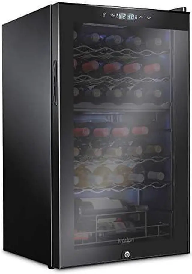 Main image of Ivation 33 Bottle Dual Zone Wine Cooler Refrigerator w/Lock | Large Freestanding Wine Cellar For Red, White, Champagne & Sparkling Wine | 41f-64f Digital Temperature Control Fridge Glass Door Black
