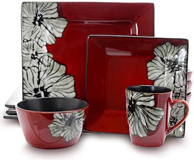 Main image of Elama Stoneware Dinnerware Collection, 16 Piece, Red with White Flower Accents
