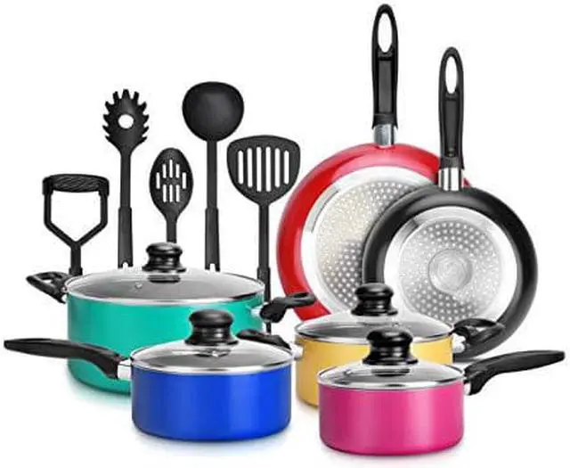 Main image of 15-Piece Nonstick Kitchen cookware Set PTFEPFOAPFOS- Free  colorful Heat Resistant Lacquer Kitchen Ware Pots Pan Set w Saucepot, Frying Pans, Pots, Oven Pot, Lids, 5 Utensil - Nutrichef NccWcOR15