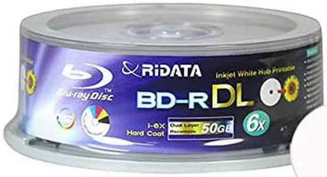 Alt view image 4 of 4 - Ridata Blu-ray BD-R DL Dual Layer 6X 50GB White Inkjet Hub Printable Recordable Blank Media Disc with Spindle Packing (25 Pack)