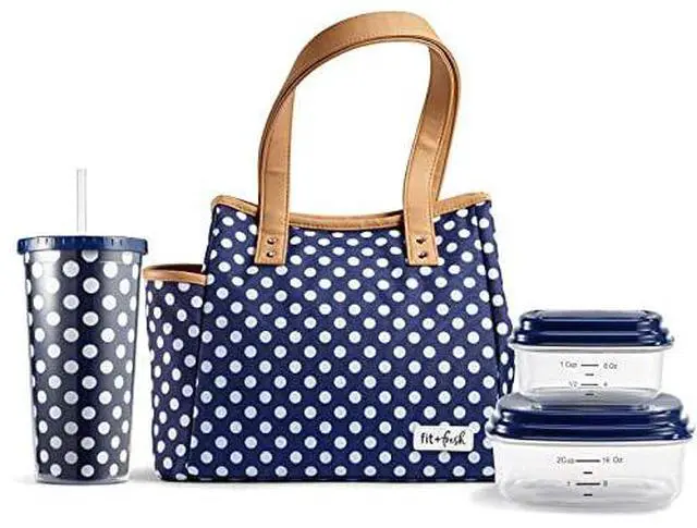 Main image of Fit + Fresh Westerly Insulated Lunch Bag, Cooler bag, Lunch Bag for Women with 2 Food Containers & Matching Tumbler, Reusable Lunch Box, Perfect for Work, School, Beach & More, Navy & White Dot