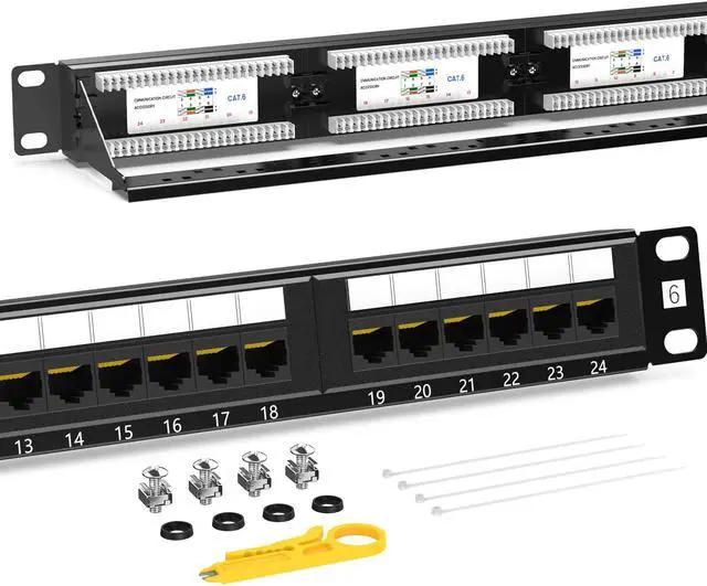 Main image of AMPcOM Premium Series cAT6 24 Ports Patch Panel, Rack Mount - 1U, 19 inch, RJ45 Ethernet 568A 568B, 30u gold Plated, with Rear cable Support Bar