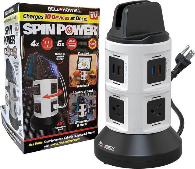 Main image of Spin Power Strip Tower Surge Protector - 4 Outlets, 6 USB Ports, 40" Retractable Cord, 360° Rotation | Electric Charging Station with Built-in Phone & Tablet Holder | USB Outlet Extender