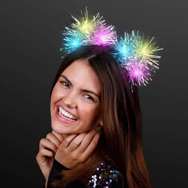 Main image of Light Up Tinsel Kitty Cat Ear Headband with Color Change LED Lights