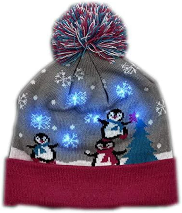 Main image of blinkee Multicolor LED Snowy Winter Christmas Holiday Penguins Beanie Hat