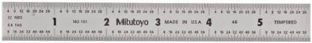 Main image of Mitutoyo 182-101, Steel Rule, 6" (4R), (1/8, 1/16, 1/32, 1/64"), 3/64" Thick X 3/4" Wide, Satin Chrome Finish Tempered Stainless Steel