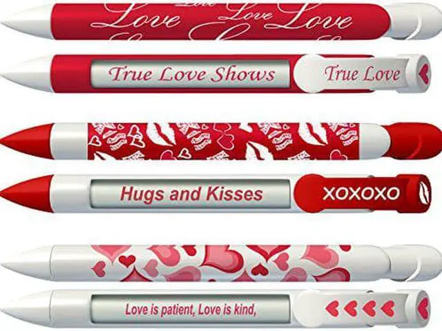 Main image of Greeting Pen Love Pens with Rotating Messages, 6 Pen Assortment includes: Red True Love, Kiss, White with Magenta Hearts (36569)
