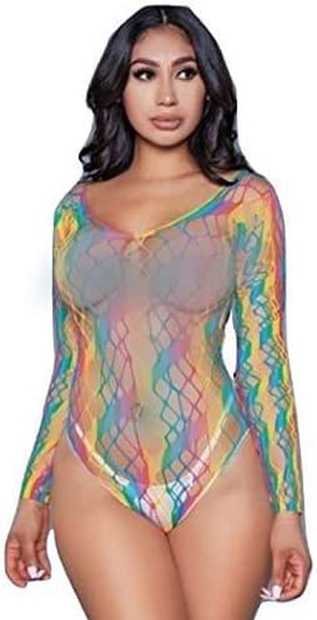 Be Wicked Sexy Long Sleeve Scoop Neck Striped Net Bodysuit Teddy Lingerie  (Rainbow, One Size-Regular) 